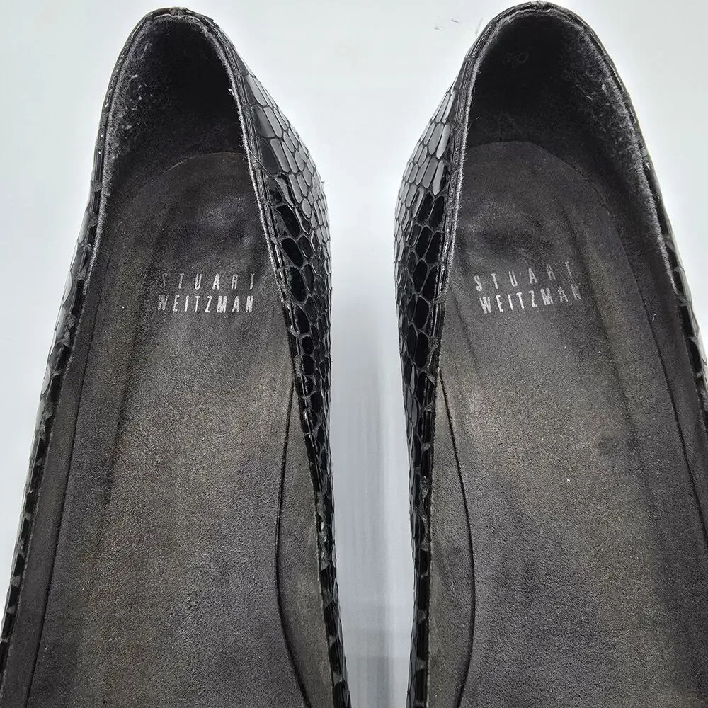 Stuart Weitzman black patent snake print low heel close toe wedges
